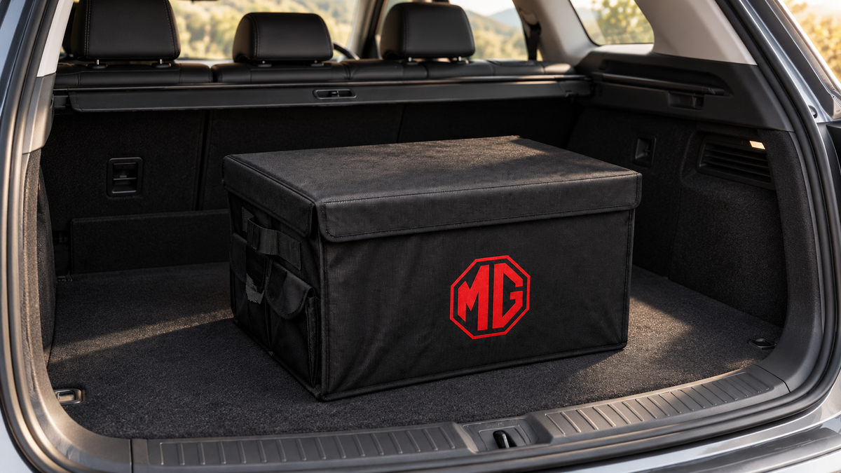 Black MG trunk organizer in a tidy car boot
