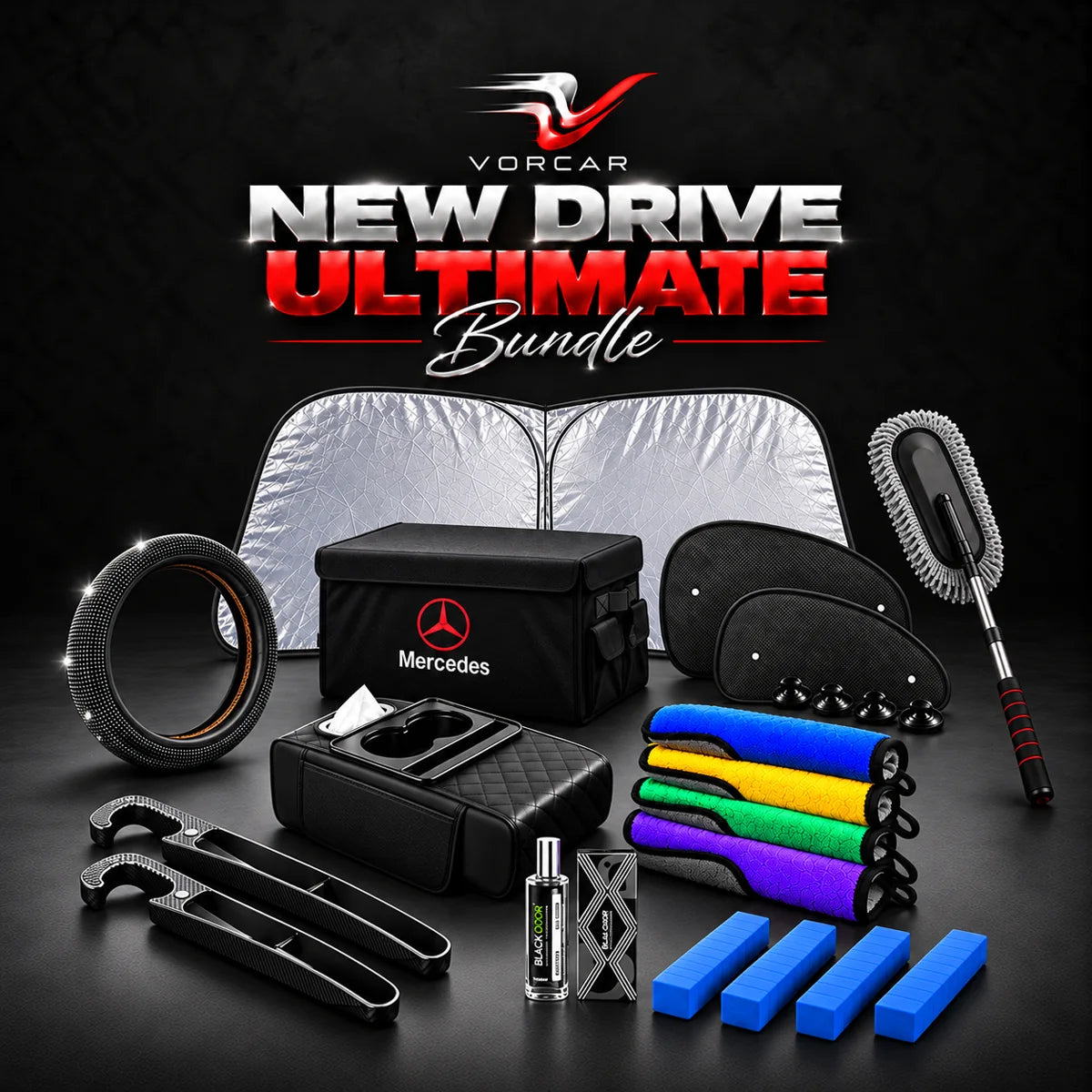 Vorcar New Drive Ultimate bundle with Black 5-in-1 armrest organizer, Carbon-look seat gap organizers — 2 pieces, Black rhinestone steering wheel cover, BLACK ODOR refill air freshener — Black Ice, 30ml, with fragrance card, Foldable trunk organizer — Mercedes, Extendable cleaning mop with grey microfiber head, Microfiber towels — 4 pieces, Foldable dual-panel front windshield sunshade, Curved mesh side window sunshades — 2 pieces, Blue EVA foam door guards — 4 pieces