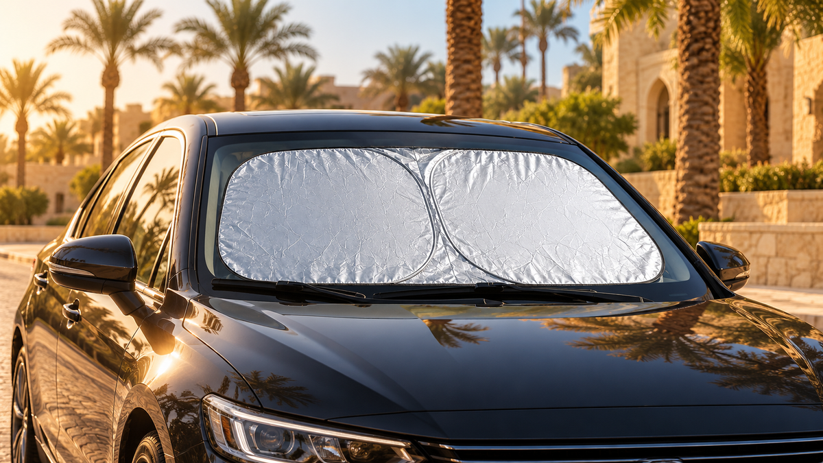 Reflective dual-panel windshield sunshade on a car in summer sunshine