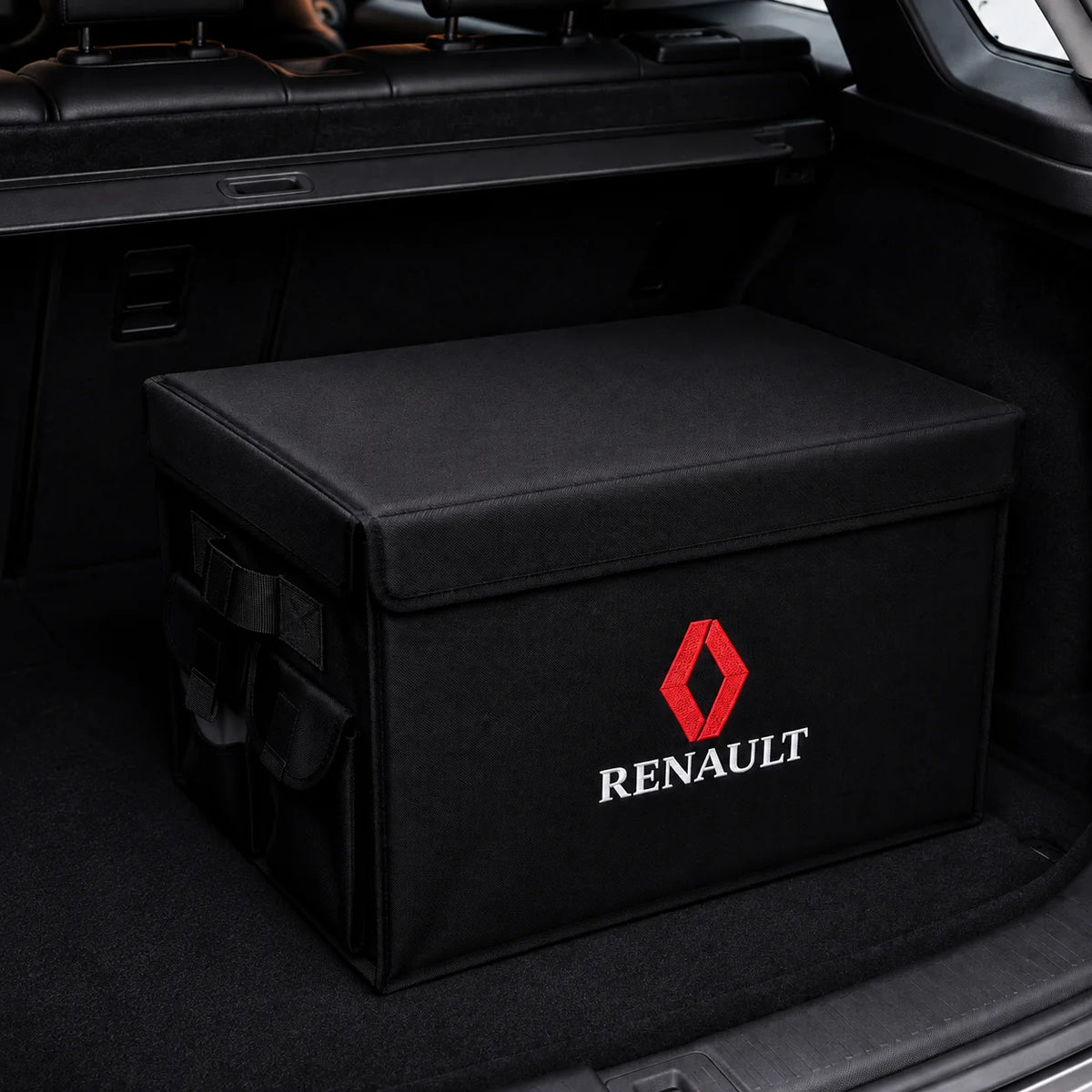 Black foldable car trunk organizer with embroidered Renault logo – VORCAR Egypt