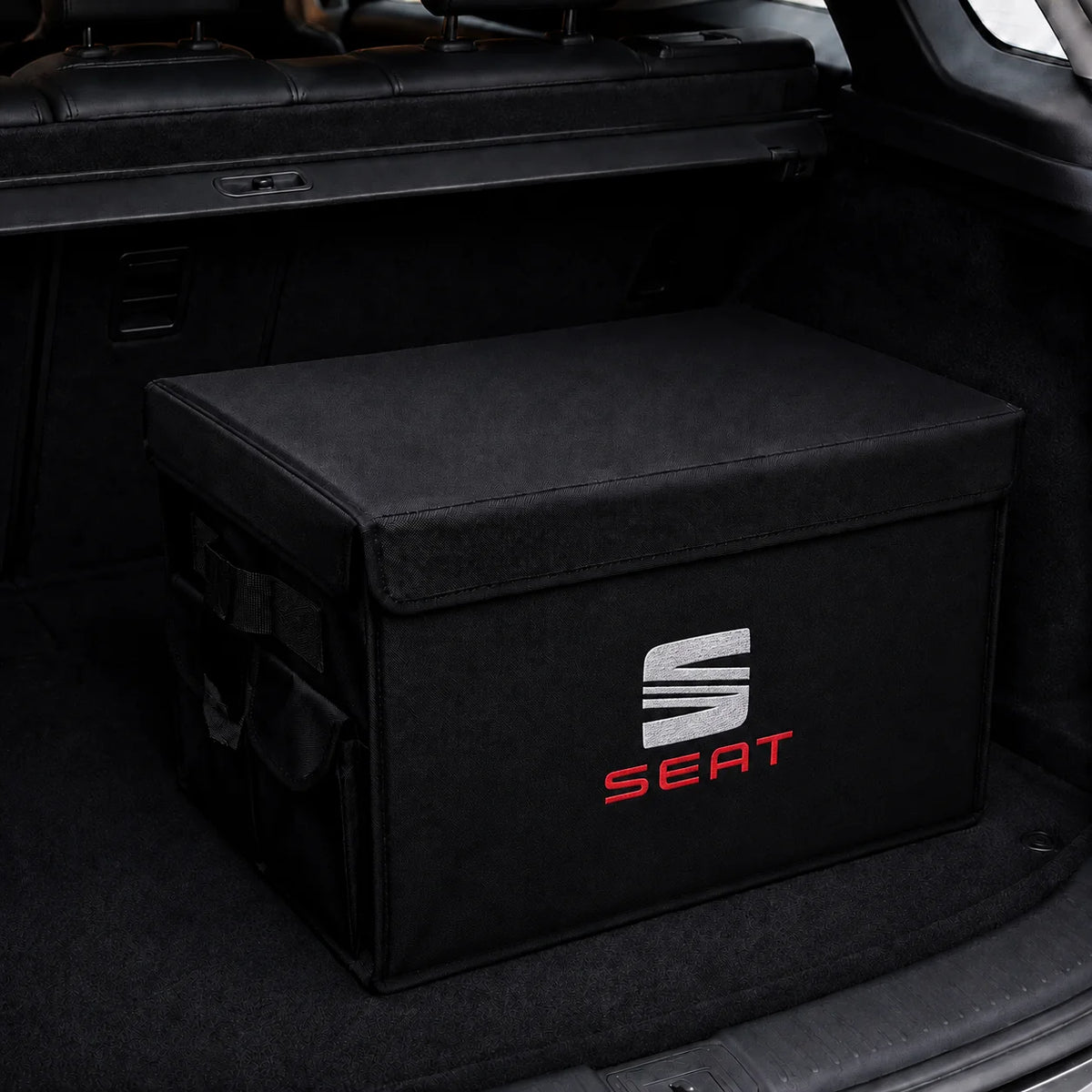 Black foldable car trunk organizer with embroidered SEAT logo – VORCAR Egypt